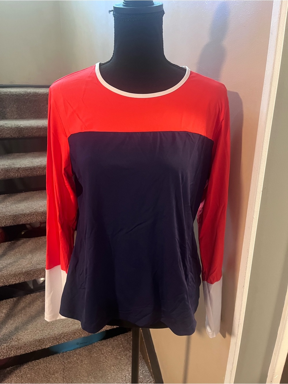 Lands' End Nylon Shirt Long Sleeve Red Blue White Women Activewear size Large